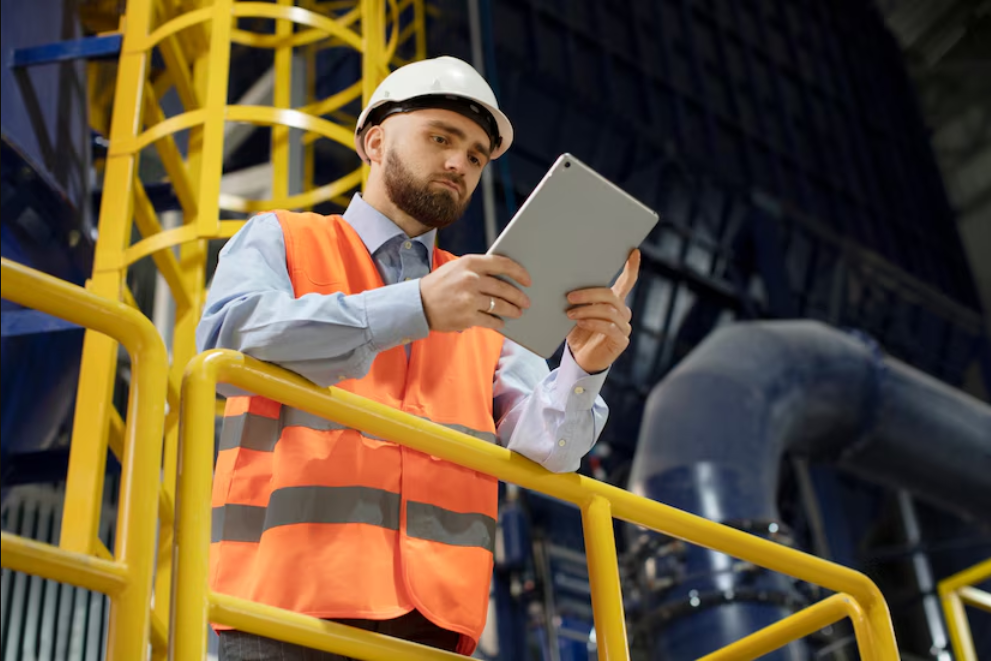 Homem em plataforma com equipamento de segurança lê tablet