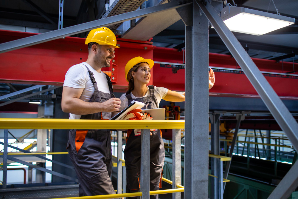 Homem e mulher em ambiente industrial analisam o lugar