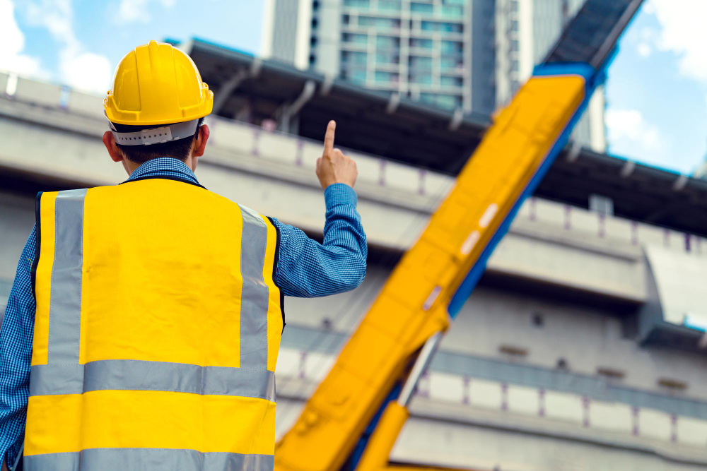 Homem dando orientações em uma obra